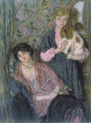 Zwei Frauen mit einem Spaniel